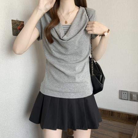 BY16299# 新款胖MM夏款时尚设计感小众假两件显瘦短袖上衣 服裝批發女裝批發服飾貨源