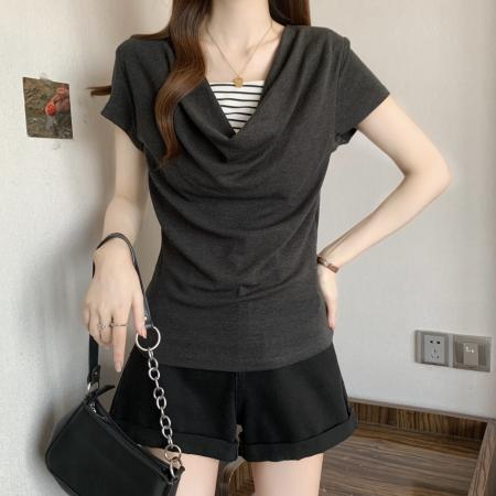 BY16299# 新款胖MM夏款时尚设计感小众假两件显瘦短袖上衣 服裝批發女裝批發服飾貨源