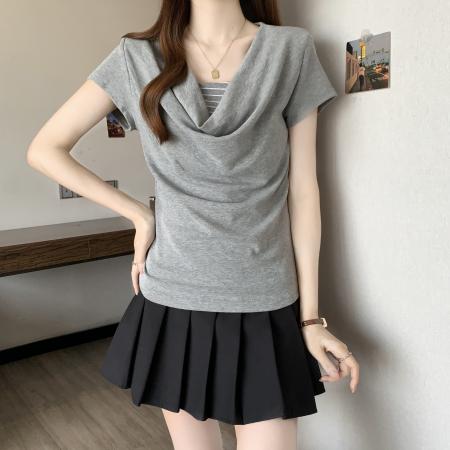 BY16299# 新款胖MM夏款时尚设计感小众假两件显瘦短袖上衣 服裝批發女裝批發服飾貨源