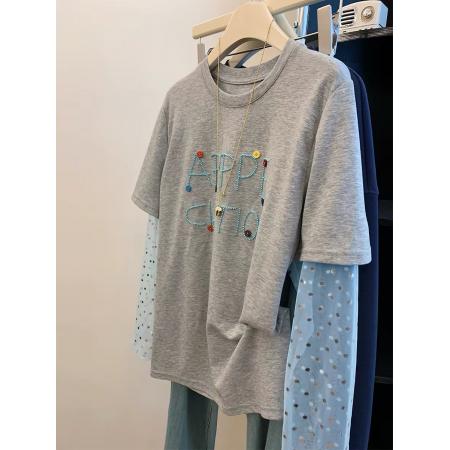 BY16300# 支纯棉特大码300斤网纱拼接长袖t恤女假两件防晒衫上衣 服裝批發女裝批發服飾貨源