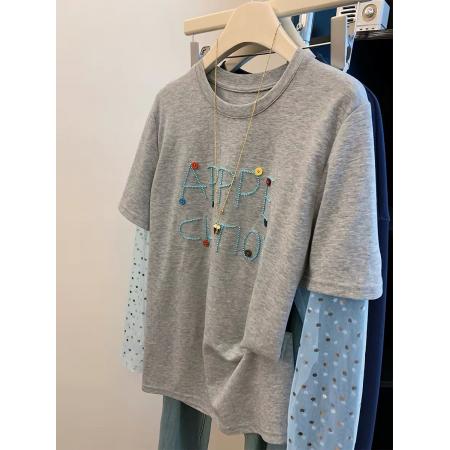 BY16300# 支纯棉特大码300斤网纱拼接长袖t恤女假两件防晒衫上衣 服裝批發女裝批發服飾貨源