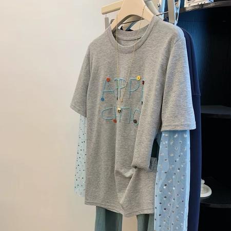 BY16300# 支纯棉特大码300斤网纱拼接长袖t恤女假两件防晒衫上衣 服裝批發女裝批發服飾貨源