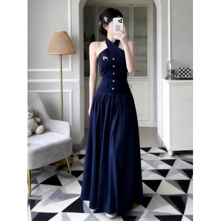 BY16307# 法式甜辣妹露背交叉挂脖连衣裙女夏季新款纯欲风性感气质收腰长裙 服裝批發女裝批發服飾貨源