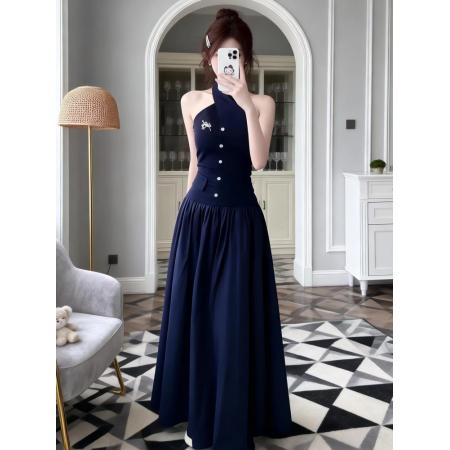 BY16307# 法式甜辣妹露背交叉挂脖连衣裙女夏季新款纯欲风性感气质收腰长裙 服裝批發女裝批發服飾貨源