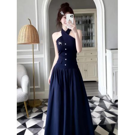 BY16307# 法式甜辣妹露背交叉挂脖连衣裙女夏季新款纯欲风性感气质收腰长裙 服裝批發女裝批發服飾貨源