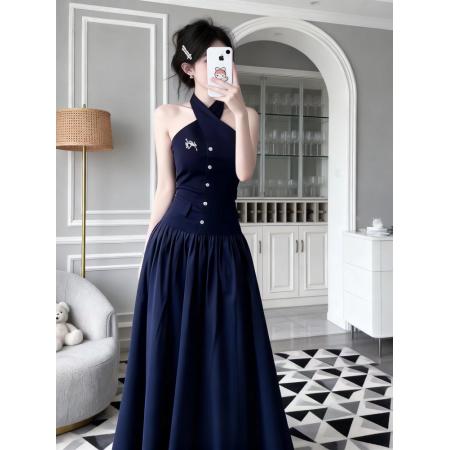 BY16307# 法式甜辣妹露背交叉挂脖连衣裙女夏季新款纯欲风性感气质收腰长裙 服裝批發女裝批發服飾貨源