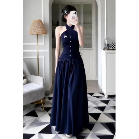 BY16307# 法式甜辣妹露背交叉挂脖连衣裙女夏季新款纯欲风性感气质收腰长裙 服裝批發女裝批發服飾貨源