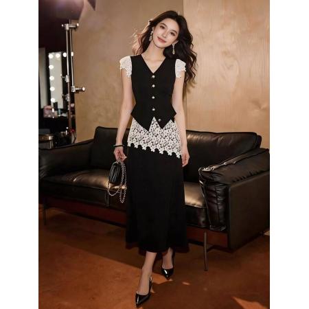 BY16314# 高级感气质黑色马甲半身裙套装女夏季新款显瘦休闲百搭两件套 服裝批發女裝批發服飾貨源