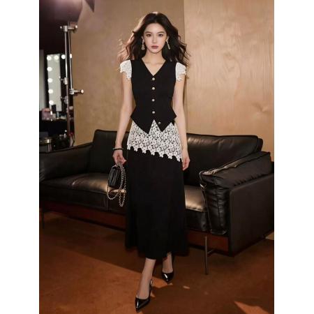 BY16314# 高级感气质黑色马甲半身裙套装女夏季新款显瘦休闲百搭两件套 服裝批發女裝批發服飾貨源