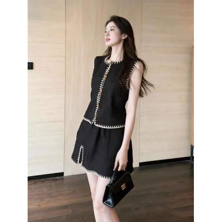 BY16315# 夏天穿搭一整套小个子民族风度假黑色刺绣花边马甲短裙套装女 服裝批發女裝批發服飾貨源