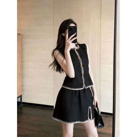 BY16315# 夏天穿搭一整套小个子民族风度假黑色刺绣花边马甲短裙套装女 服裝批發女裝批發服飾貨源