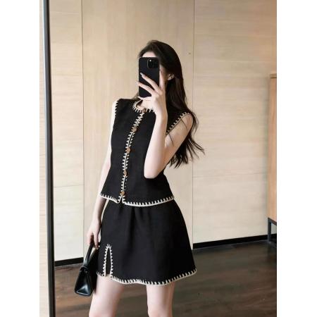 BY16315# 夏天穿搭一整套小个子民族风度假黑色刺绣花边马甲短裙套装女 服裝批發女裝批發服飾貨源