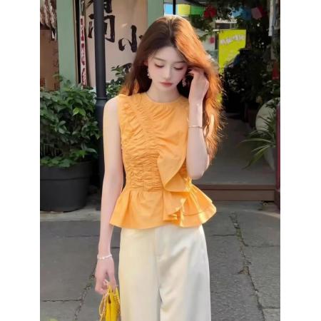 BY16316# 新款初夏高级感轻奢减龄洋气淡人高知穿搭黄色荷叶边衬衫上衣 服裝批發女裝批發服飾貨源