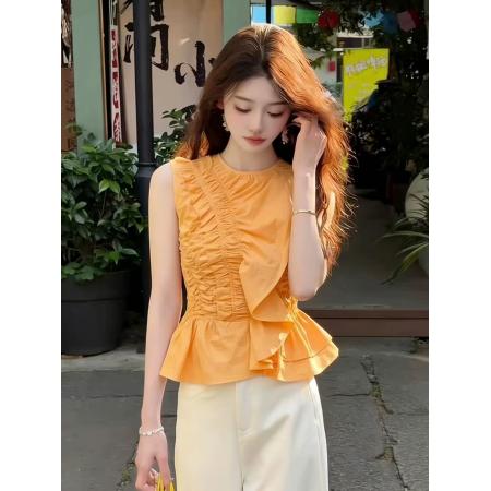 BY16316# 新款初夏高级感轻奢减龄洋气淡人高知穿搭黄色荷叶边衬衫上衣 服裝批發女裝批發服飾貨源
