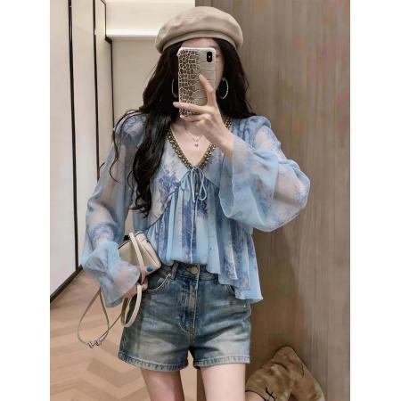 BY16317# 气质蓝色防晒衫衬衣女夏季新款独特别致漂亮宽松透气小衫上衣 服裝批發女裝批發服飾貨源