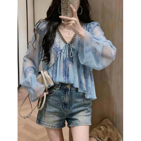 BY16317# 气质蓝色防晒衫衬衣女夏季新款独特别致漂亮宽松透气小衫上衣 服裝批發女裝批發服飾貨源