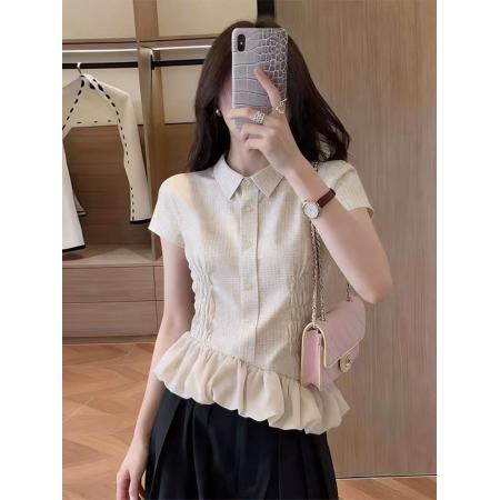 BY16318# 气质米色荷叶边短袖衬衫女夏季新款独特超好看设计感小众上衣 服裝批發女裝批發服飾貨源