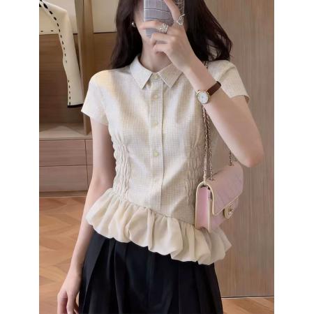 BY16318# 气质米色荷叶边短袖衬衫女夏季新款独特超好看设计感小众上衣 服裝批發女裝批發服飾貨源