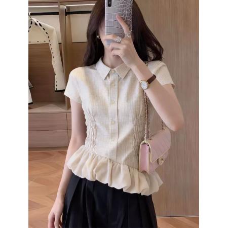 BY16318# 气质米色荷叶边短袖衬衫女夏季新款独特超好看设计感小众上衣 服裝批發女裝批發服飾貨源