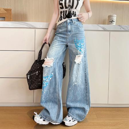 BY16319# 美式复古破洞牛仔阔腿裤女春夏季新款磨破印花直筒拖地裤 服裝批發女裝批發服飾貨源