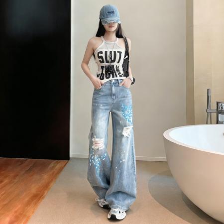 BY16319# 美式复古破洞牛仔阔腿裤女春夏季新款磨破印花直筒拖地裤 服裝批發女裝批發服飾貨源