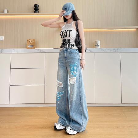 BY16319# 美式复古破洞牛仔阔腿裤女春夏季新款磨破印花直筒拖地裤 服裝批發女裝批發服飾貨源