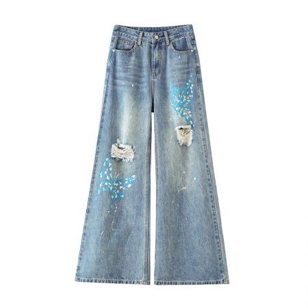 BY16319# 美式复古破洞牛仔阔腿裤女春夏季新款磨破印花直筒拖地裤 服裝批發女裝批發服飾貨源