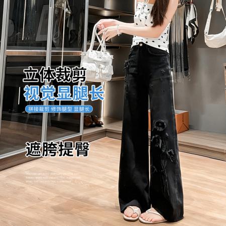 BY16320# 黑色复古直筒牛仔裤女新款钉珠刺绣时髦窄版阔腿牛仔裤女 服裝批發女裝批發服飾貨源