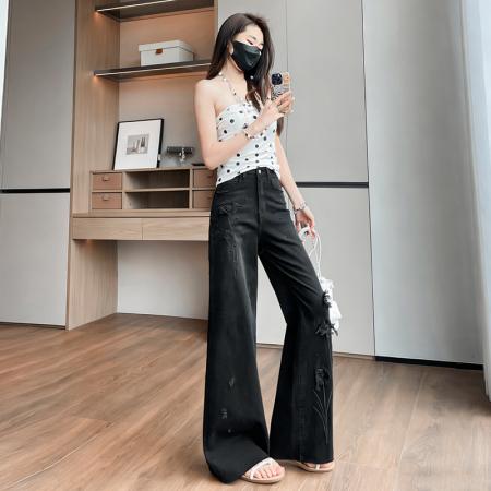 BY16320# 黑色复古直筒牛仔裤女新款钉珠刺绣时髦窄版阔腿牛仔裤女 服裝批發女裝批發服飾貨源