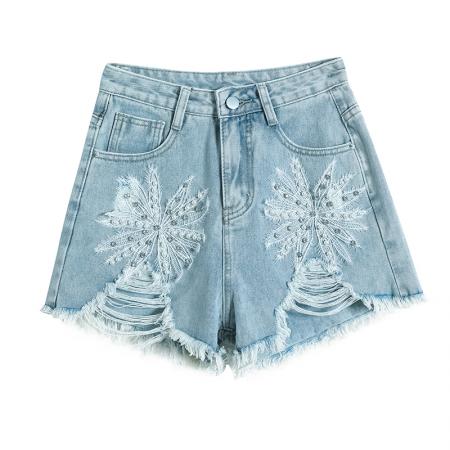 BY16321# 夏季怀旧牛仔短裤女新款刺绣钉珠镶钻磨破毛边浅色热裤子 服裝批發女裝批發服飾貨源