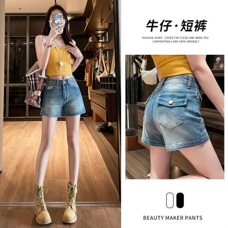 BY16322# 夏季新款个性刺绣设计感牛仔短裤女百搭显瘦a字弹力热裤 服裝批發女裝批發服飾貨源
