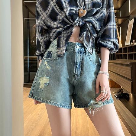 BY16323# 撞色怀旧牛仔短裤女夏季薄款新款宽松显瘦气质韩版破洞短裤子 服裝批發女裝批發服飾貨源