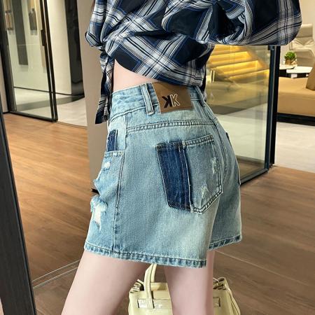 BY16323# 撞色怀旧牛仔短裤女夏季薄款新款宽松显瘦气质韩版破洞短裤子 服裝批發女裝批發服飾貨源