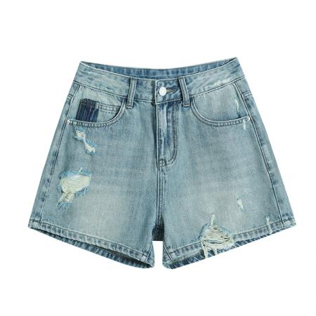 BY16323# 撞色怀旧牛仔短裤女夏季薄款新款宽松显瘦气质韩版破洞短裤子 服裝批發女裝批發服飾貨源