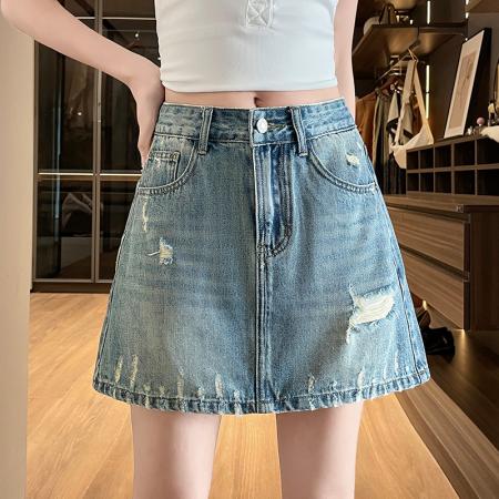 BY16324# 复古风格牛仔短裙女夏季薄款新款宽松显瘦气质韩版破洞短裤子 服裝批發女裝批發服飾貨源