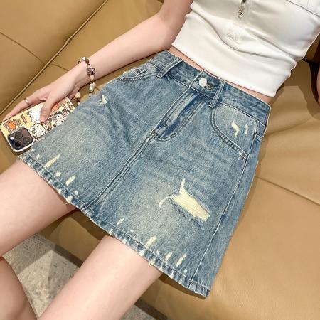 BY16324# 复古风格牛仔短裙女夏季薄款新款宽松显瘦气质韩版破洞短裤子 服裝批發女裝批發服飾貨源