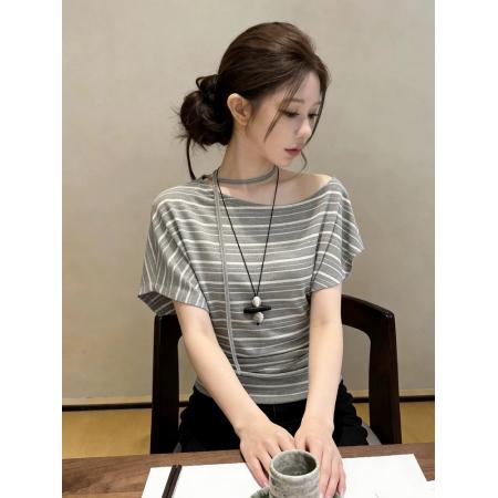 BY16325# 夏季美式复古辣妹挂脖性感斜肩露肩设计感小众短袖t恤女独特上衣 服裝批發女裝批發服飾貨源