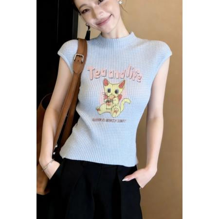 BY16326# 韩系显瘦外穿气质背心女夏季新款设计感卡通印花百搭无袖针织 服裝批發女裝批發服飾貨源