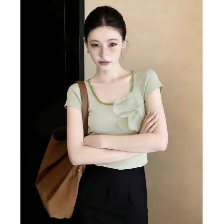 BY16327# 立体花朵烫钻短袖t恤女夏季新款韩版气质减龄修身针织上衣 服裝批發女裝批發服飾貨源