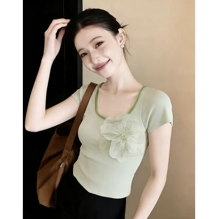 BY16327# 立体花朵烫钻短袖t恤女夏季新款韩版气质减龄修身针织上衣 服裝批發女裝批發服飾貨源