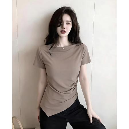BY16330# ⼀字领短袖女夏季修身显瘦T恤打底衫不规则上衣ins 服裝批發女裝批發服飾貨源