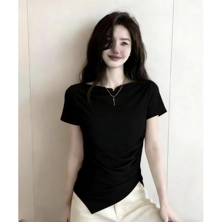 BY16330# ⼀字领短袖女夏季修身显瘦T恤打底衫不规则上衣ins 服裝批發女裝批發服飾貨源