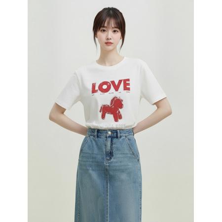 BY16331# MC短袖T恤春新品马年系列烫钻印花竹节棉质圆领 服裝批發女裝批發服飾貨源