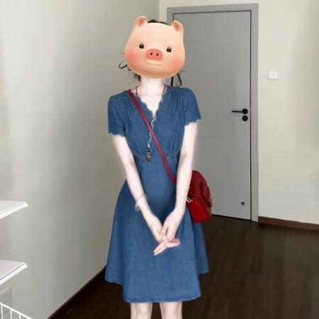 BY16334# 法式v领蓝色蕾丝花边连衣裙子女夏季新款高级感气质收腰短裙 服裝批發女裝批發服飾貨源