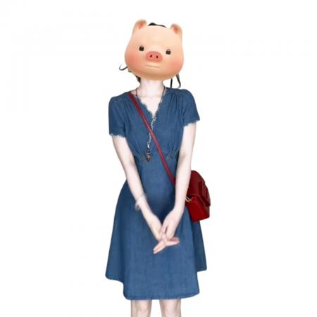 BY16334# 法式v领蓝色蕾丝花边连衣裙子女夏季新款高级感气质收腰短裙 服裝批發女裝批發服飾貨源