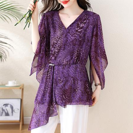 BY16337# 夏季新款时尚显瘦V领短袖大码洋气减龄遮肉减龄雪纺衫女 服裝批發女裝批發服飾貨源