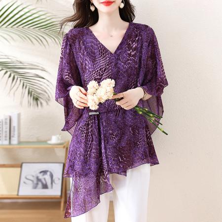 BY16337# 夏季新款时尚显瘦V领短袖大码洋气减龄遮肉减龄雪纺衫女 服裝批發女裝批發服飾貨源