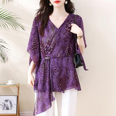 BY16337# 夏季新款时尚显瘦V领短袖大码洋气减龄遮肉减龄雪纺衫女 服裝批發女裝批發服飾貨源