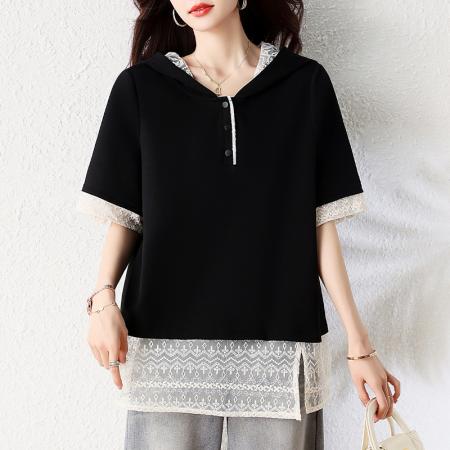 BY16338# 夏季新款韩版刺绣蕾丝拼接设计假两件大码连帽T恤女短袖 服裝批發女裝批發服飾貨源