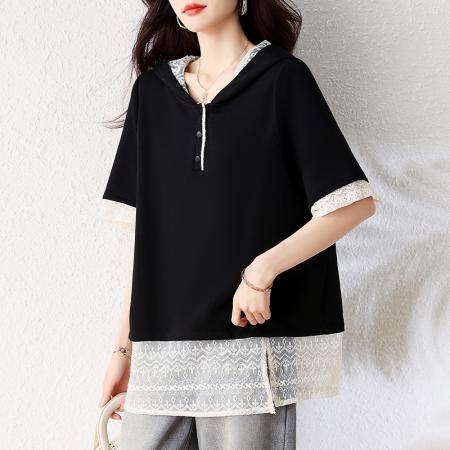 BY16338# 夏季新款韩版刺绣蕾丝拼接设计假两件大码连帽T恤女短袖 服裝批發女裝批發服飾貨源
